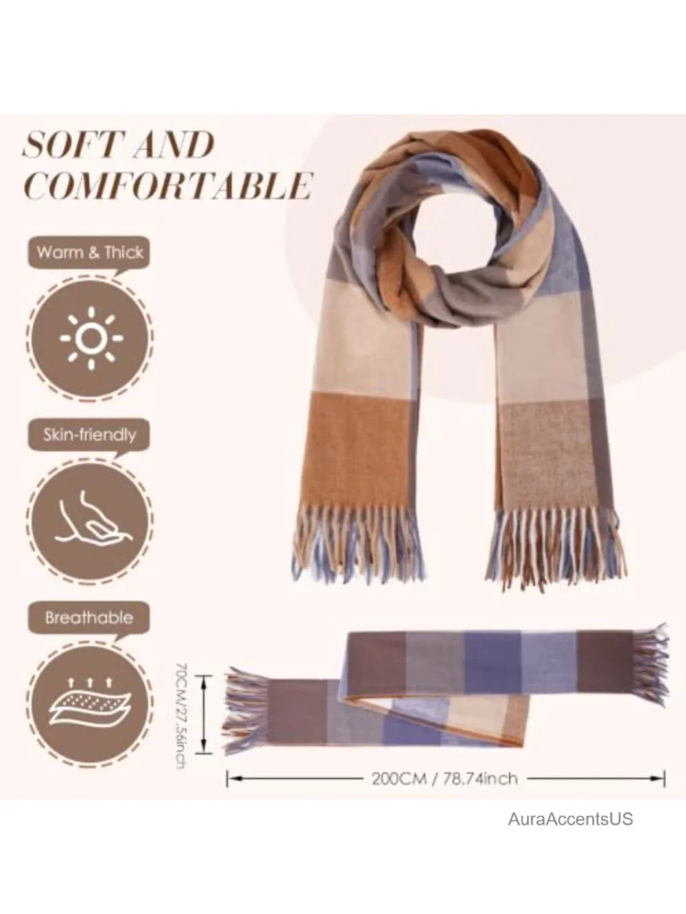 Women's Plaid Winter Scarf Shawl Wrap Tassel Fringe 100% Polyester